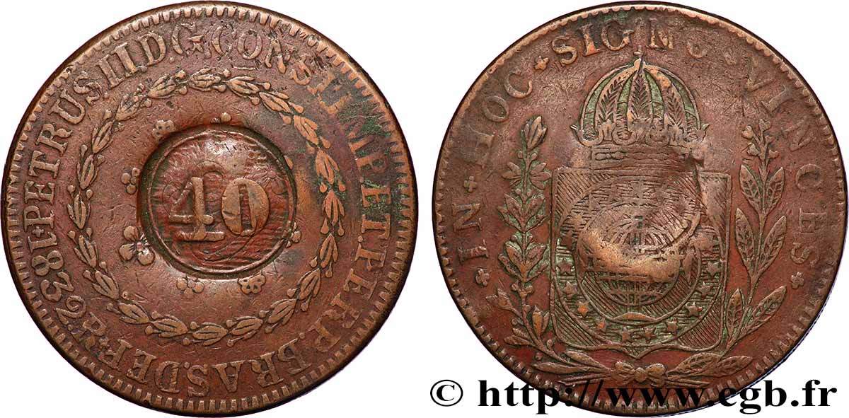 BRÉSIL - EMPIRE DU BRÉSIL - PIERRE II 40 Réis contremarqué sur une 80 Réis 1832 (1835) Rio de Janeiro SS 