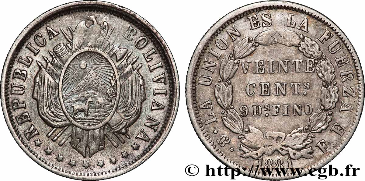 BOLIVIA 20 Centavos 1881 Potosi MBC 
