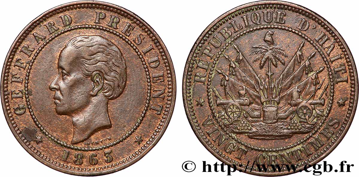 HAÏTI 20 Centimes président Geffrard 1863 Heaton TTB 
