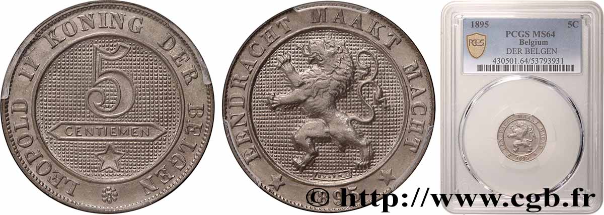 BELGIEN 5 Centiemen (Centimes) légende flamande 1895  fST64 PCGS
