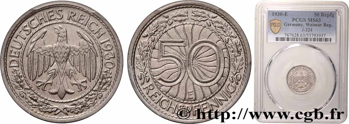 GERMANIA 50 Reichspfennig aigle 1930 Muldenhütten MS63 PCGS