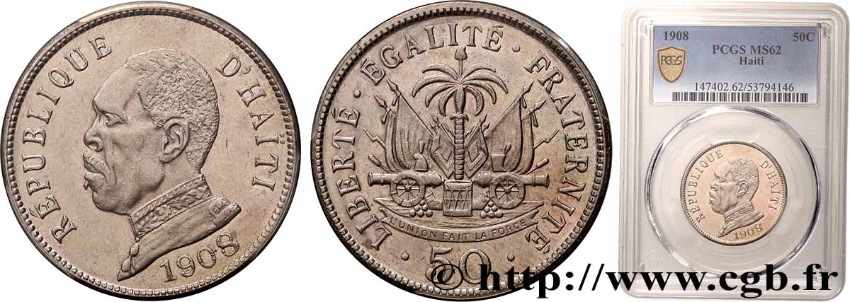 HAÏTI 50 Centimes emblème / président Nord Alexis 1908 Waterbury SUP62 PCGS