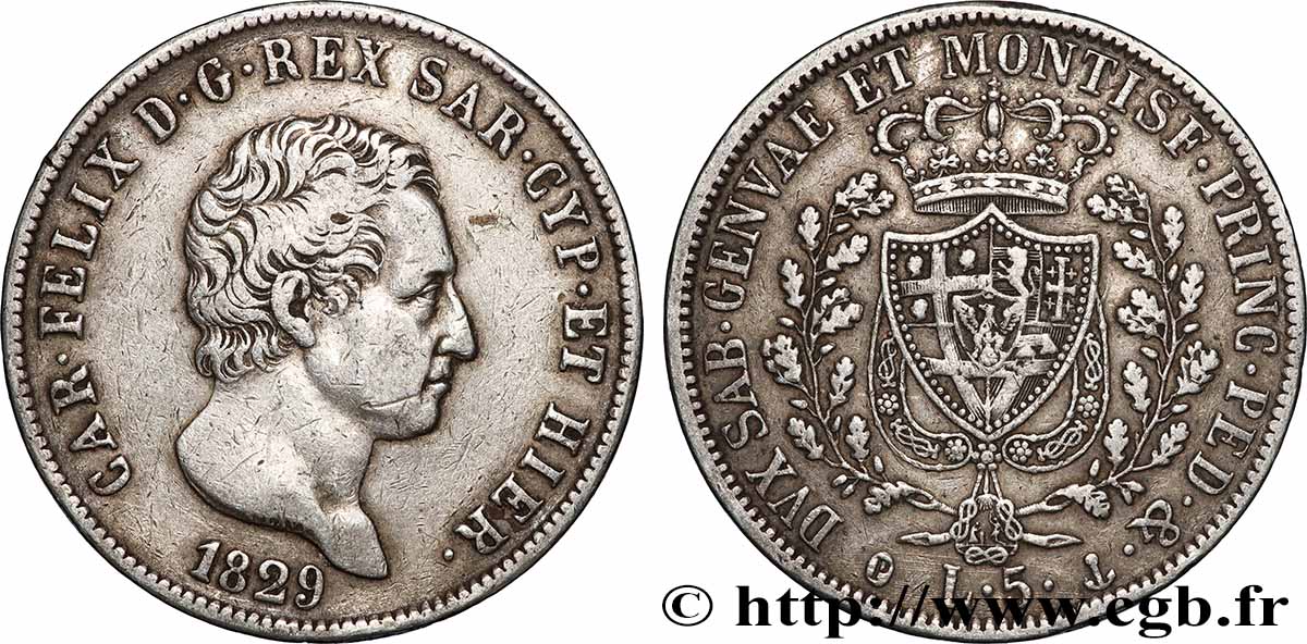 ARGENT D&nbsp;INVESTISSEMENT 5 Lire  1829 Gênes TTB 