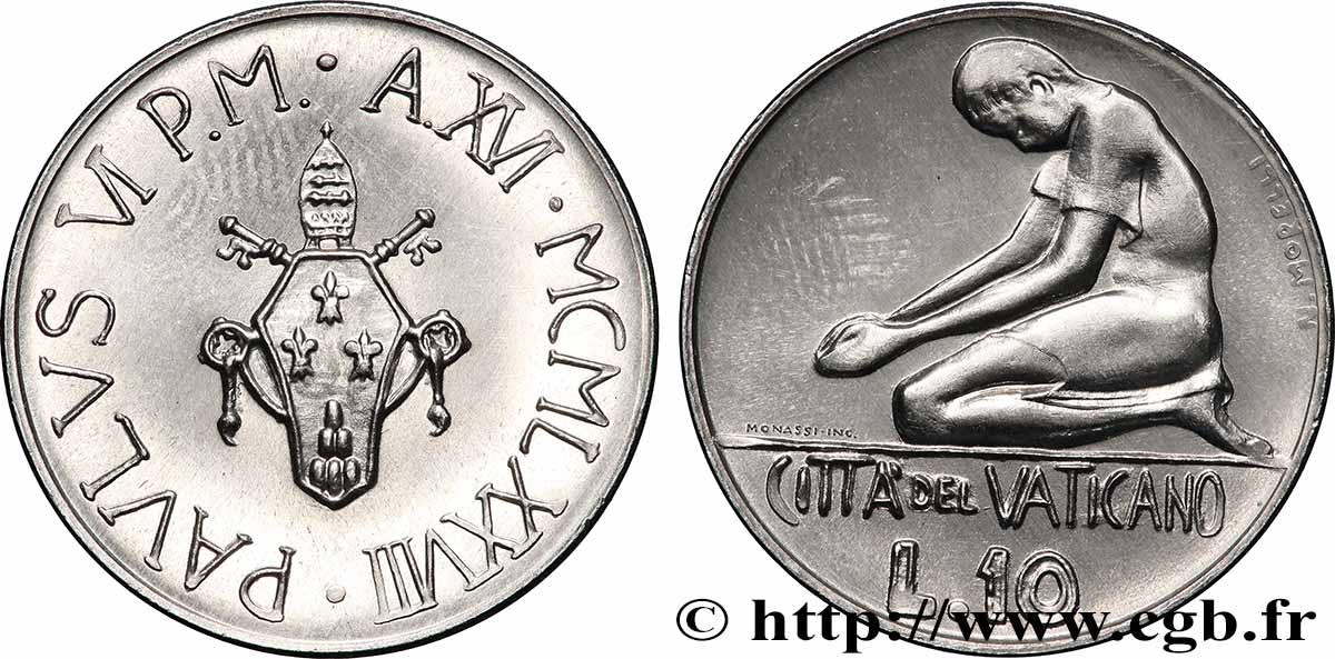 VATIKANSTAAT UND KIRCHENSTAAT 10 Lire Paul VI an XVI 1978 Rome fST 