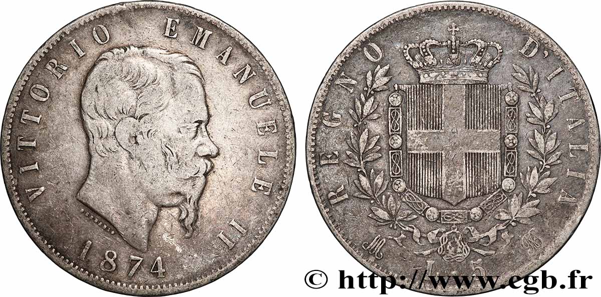 ARGENTO INVESTIMENTO 5 Lire 1874 Milan q.BB 