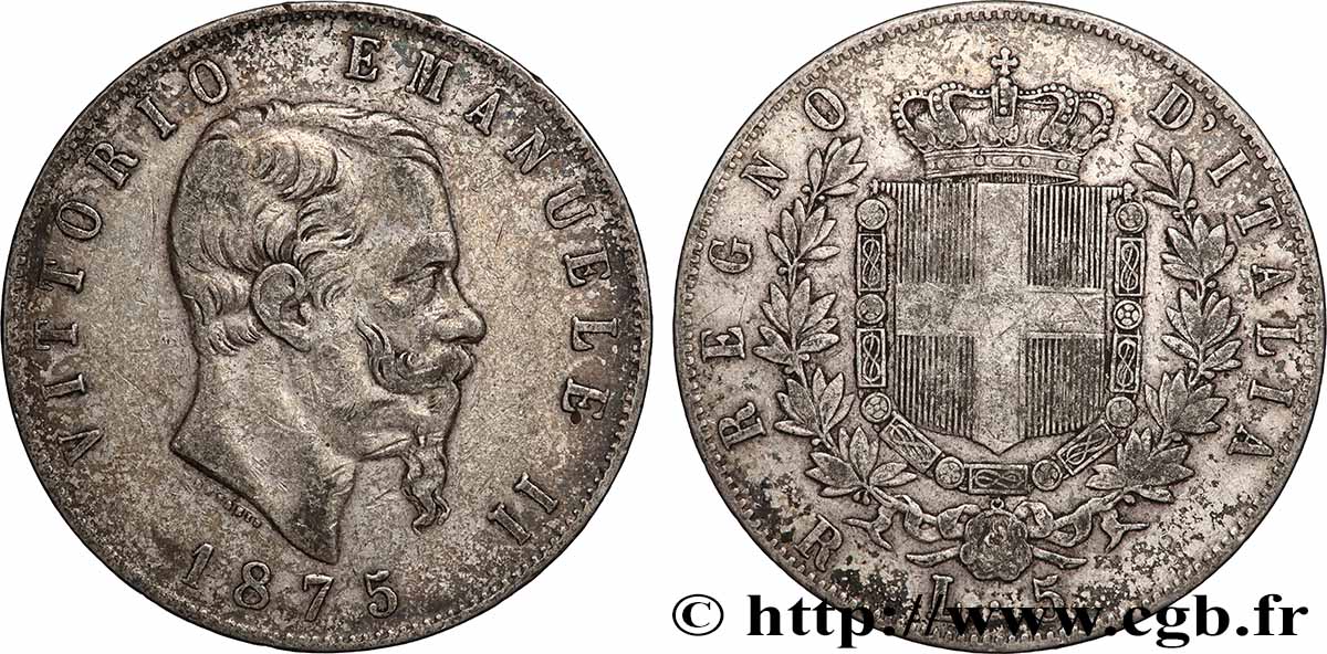 ARGENTO INVESTIMENTO 5 Lire Victor Emmanuel II 1875 Rome  q.BB 