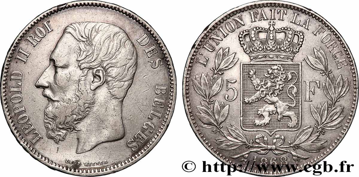 ARGENT D&nbsp;INVESTISSEMENT 5 Francs Léopold II 1868 Bruxelles TTB 