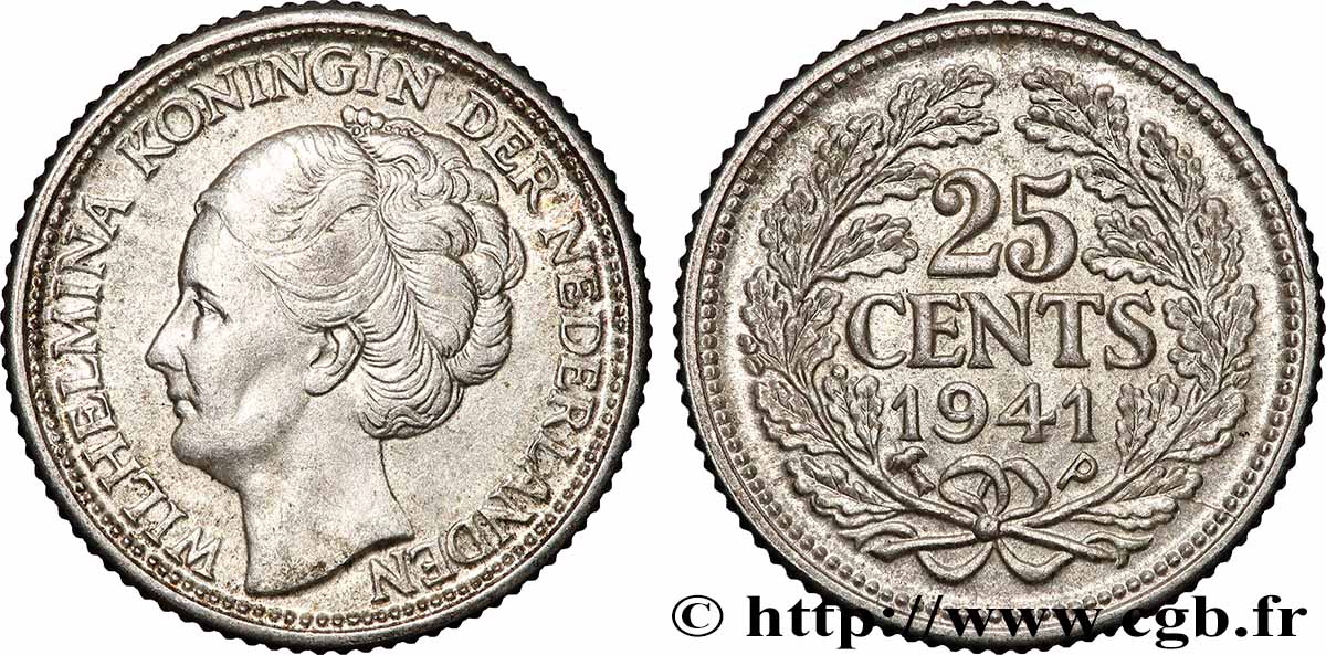 NETHERLANDS 25 Cents Wilhelmine 1941 Utrecht AU 