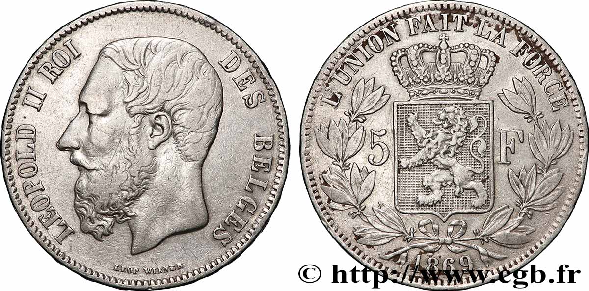 SILBER-INVESTMENT 5 Francs Léopold II 1869 Bruxelles SS 