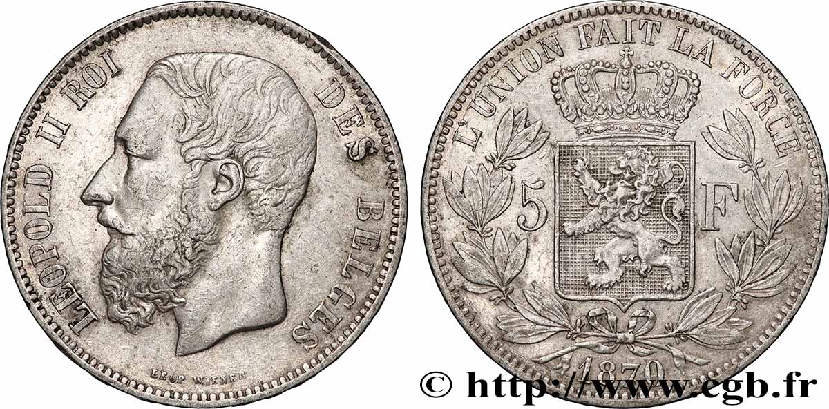ARGENT D&nbsp;INVESTISSEMENT 5 Francs 1870 Bruxelles TTB+ 