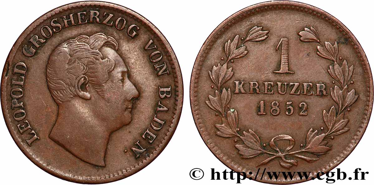 ALLEMAGNE - BADE 1 Kreuzer Léopold 1852  Karlsruhe TB+ 