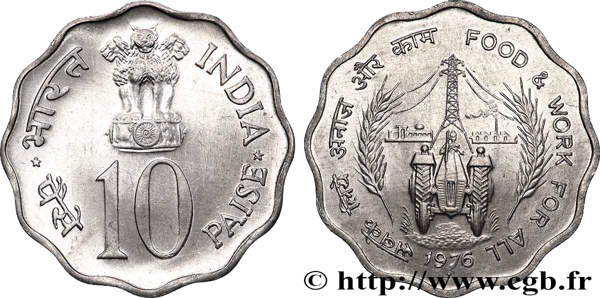 INDE 10 Paise FAO - Nourriture et travail pour tous 1976 Bombay SUP 