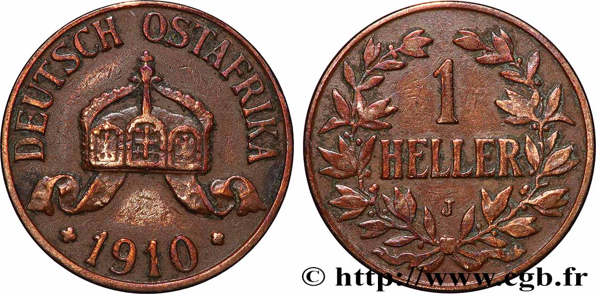 AFRIQUE ORIENTALE ALLEMANDE 1 Heller Deutch Ostafrica type couronne large et extrémités des L pointues 1910 Hambourg - J TB+ 