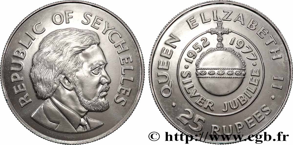 SEYCHELLES 25 Rupees Proof 25e anniversaire de règne de la reine Elizabeth II 1977  AU 
