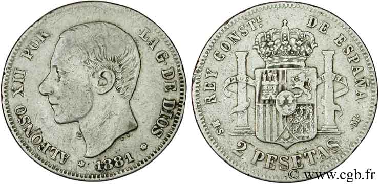 SPAIN 2 Pesetas Alphonse XII 1881  VF 