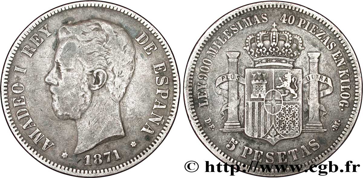 SPAIN 5 Pesetas Amédée Ier / emblème couronné (1874) 1871  VF 