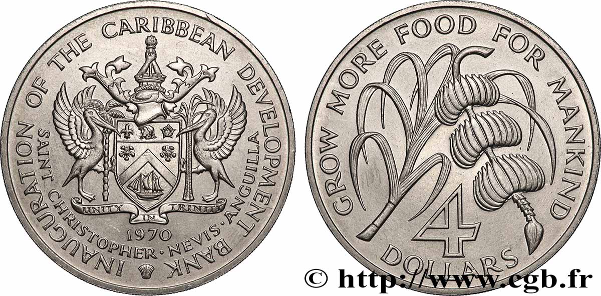 SAINT-CHRISTOPHER-NEVIS-ANGUILLA 4 Dollars inauguration de la Banque de Développement des Caraïbes / canne à sucre et régime de bananes 1970  MS 