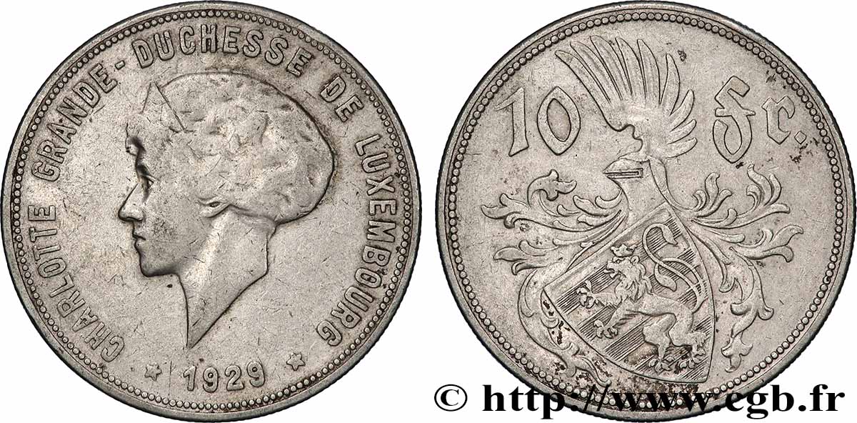 LUXEMBOURG 10 Francs Grande-Duchesse Charlotte 1929  XF 