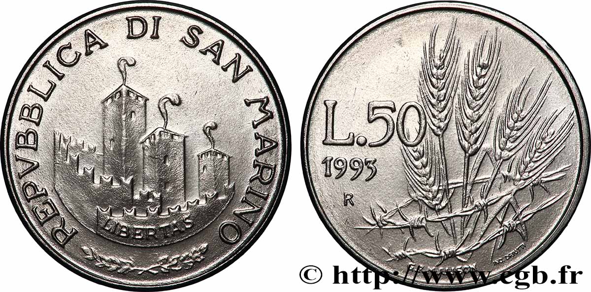 SAINT-MARIN 50 Lire vue des 3 chateaux /  épis de blé 1993 Rome - R SPL 
