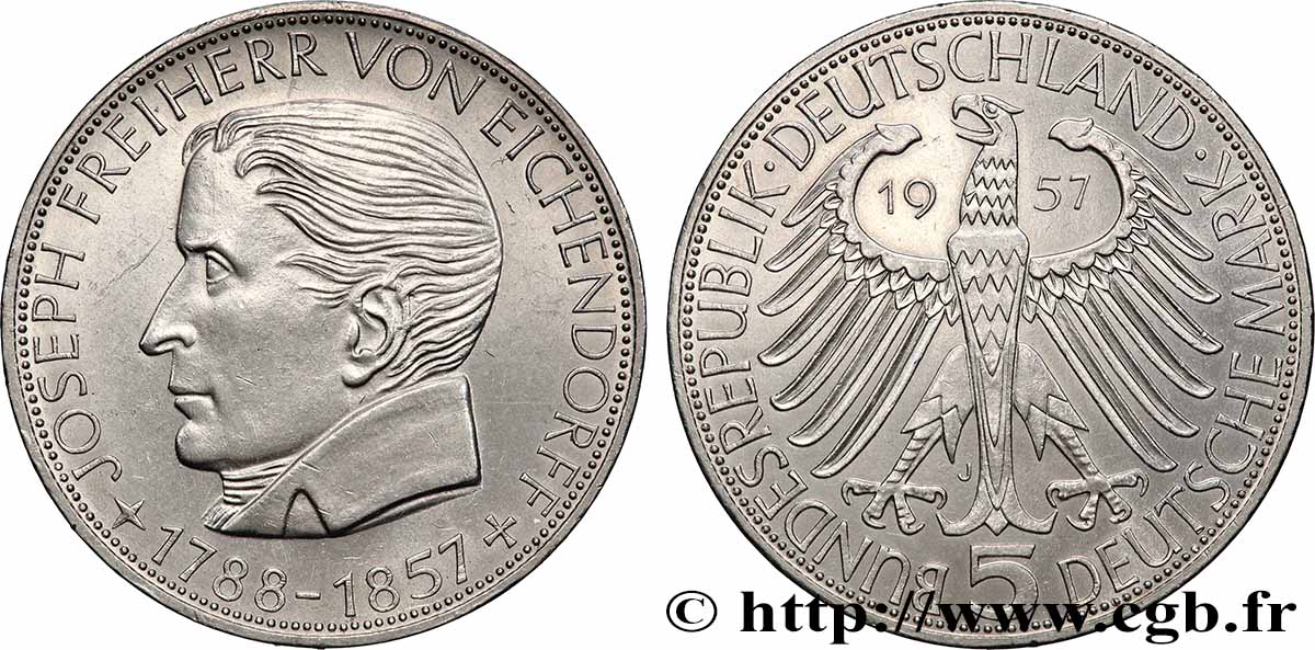 DEUTSCHLAND 5 Mark Joseph Freiherr von Eichendorff 1957 Hambourg  fST 