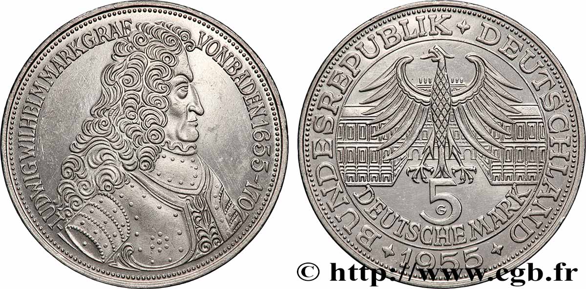 DEUTSCHLAND 5 Mark Markgrafe Ludwig Wilhelm von Baden 1955 Karslruhe VZ 