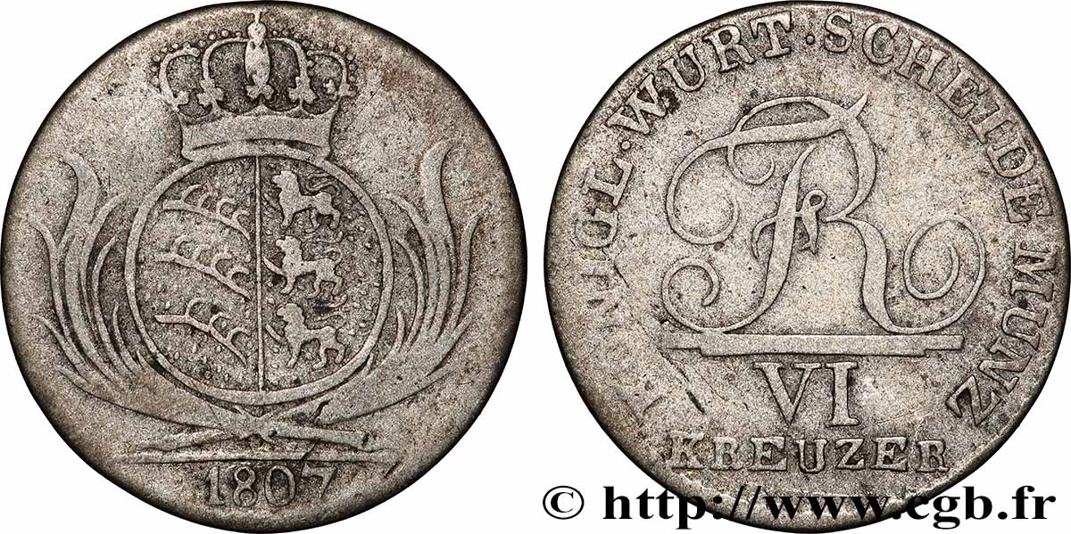ALLEMAGNE - WURTEMBERG 6 Kreuzer Royaume de Würtemberg monogramme de Frédéric Ier 1807  TB+ 
