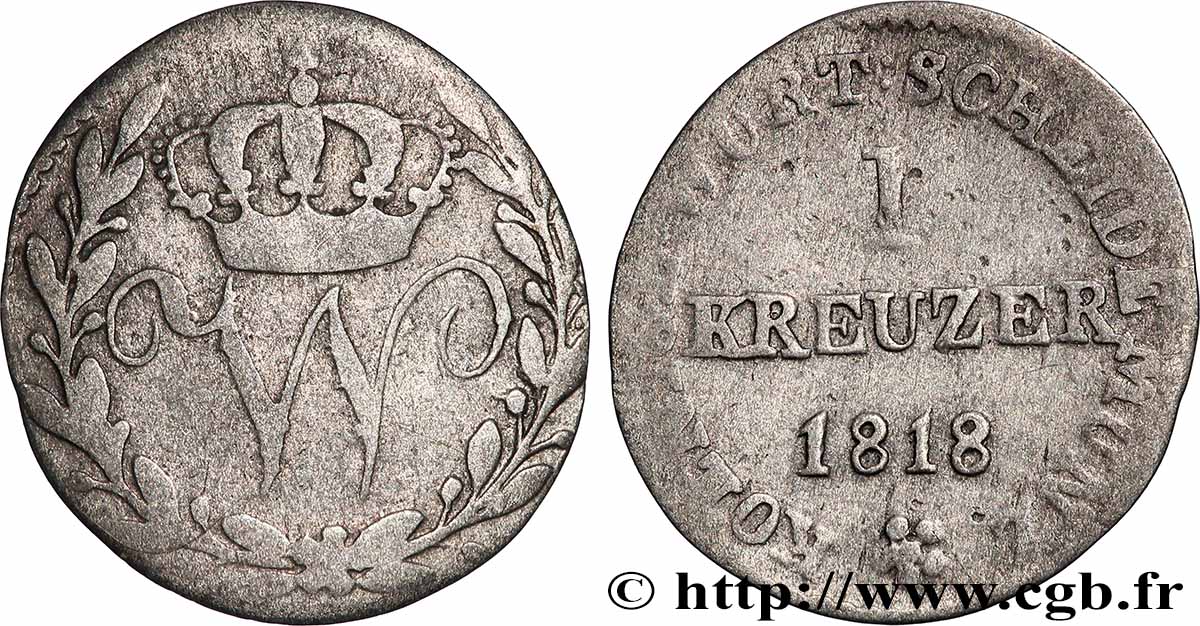 ALLEMAGNE - ROYAUME DE WURTTEMBERG - GUILLAUME I 1 Kreuzer  1818  TB+ 