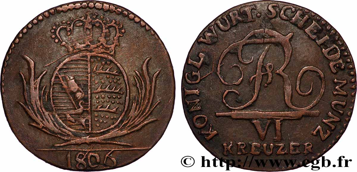 DEUTSCHLAND - WÜRTTEMBERG 6 Kreuzer monogramme de Frédéric Ier 1806  SS 