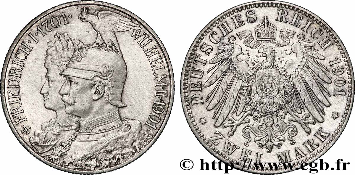 DEUTSCHLAND - PREUßEN 2 Mark Guillaume II 200e anniversaire de la Prusse 1901 Berlin fVZ 