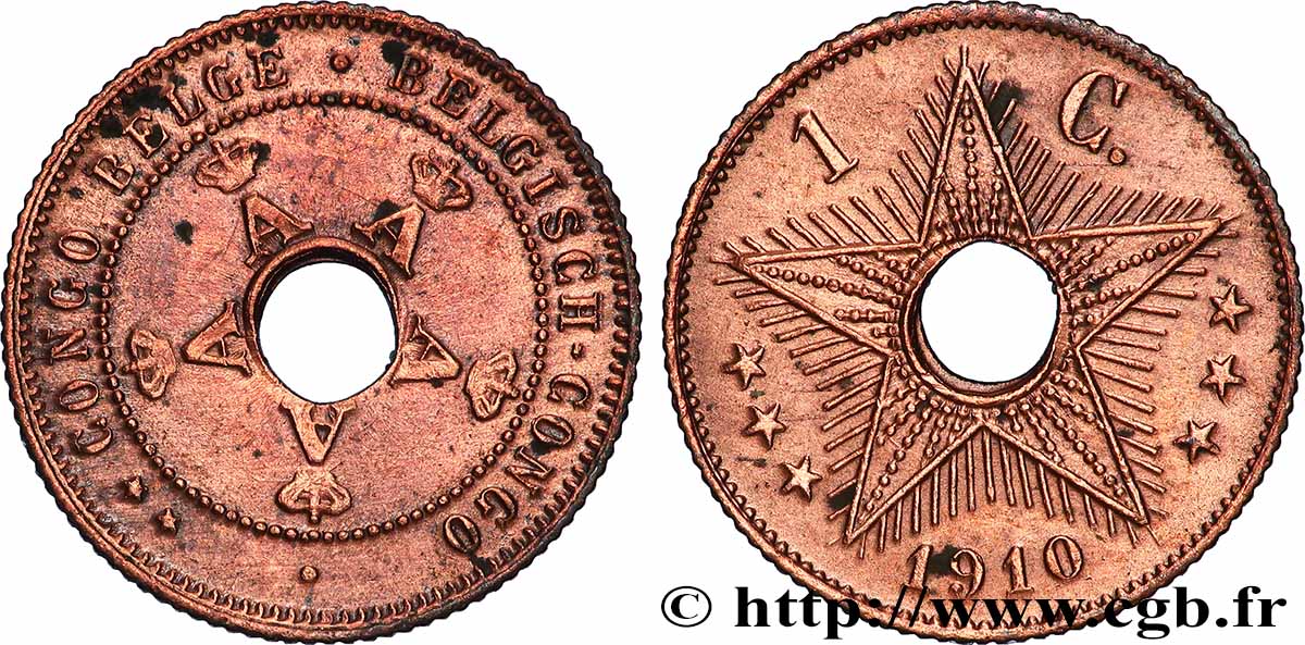 CONGO BELGE 1 Centime monogramme A (Albert) couronné 1910 Bruxelles TTB 