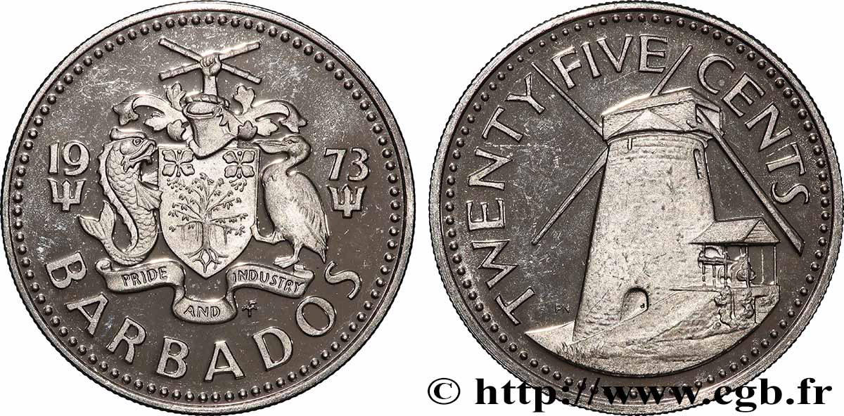 BARBADOS 25 Cents Proof emblème / moulin à sucre de Morgan Lewis 1973 Franklin Mint fST 