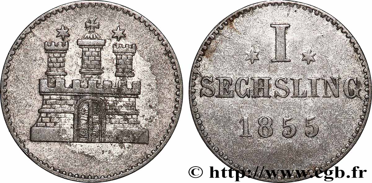 ALLEMAGNE - VILLE LIBRE DE HAMBOURG 1 Sechsling 1855 Hambourg TTB 
