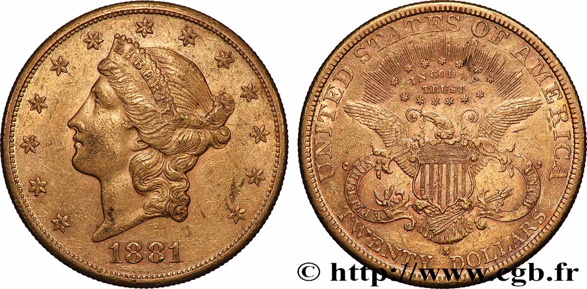 GOLD, PALLADIUM & PLATINUM INVESTMENT 20 Dollars &nbsp;Liberty&nbsp; 1881 San Francisco XF 
