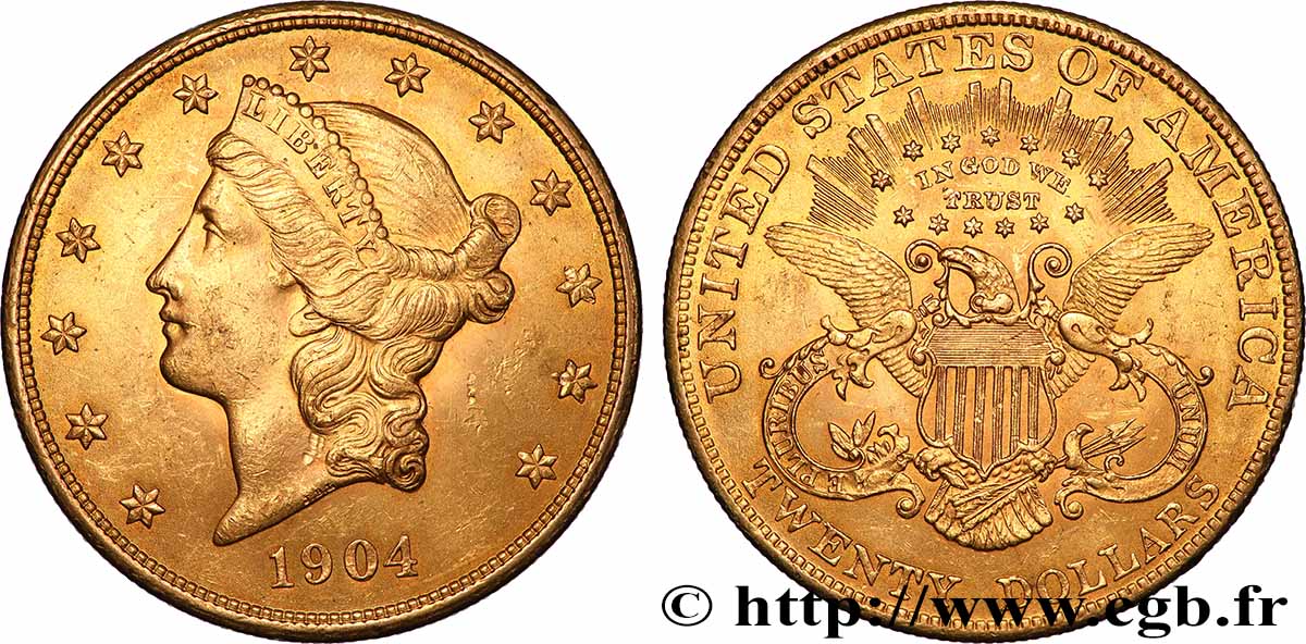 GOLD, PALLADIUM & PLATINUM INVESTMENT 20 Dollars &nbsp;Liberty&nbsp; 1904 Philadelphie AU 