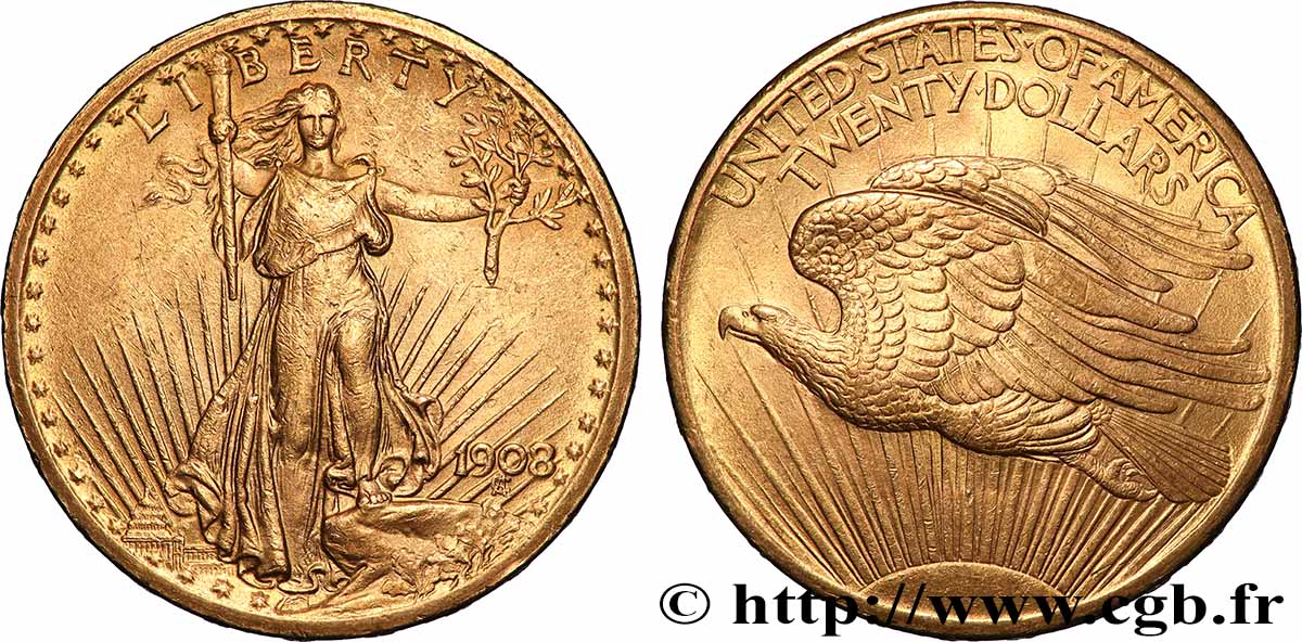 GOLD, PALLADIUM & PLATINUM INVESTMENT 20 Dollars “Saint-Gaudens” 1908 Philadelphie AU 