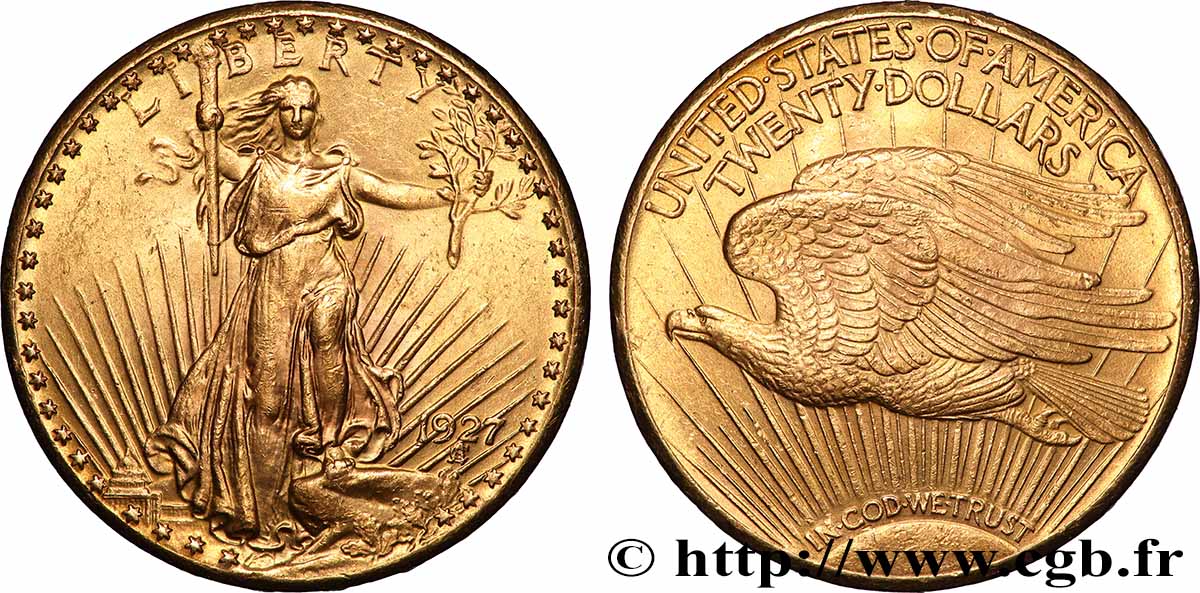 GOLD, PALLADIUM & PLATINUM INVESTMENT 20 Dollars &nbsp;Saint-Gaudens” 1927 Philadelphie AU 