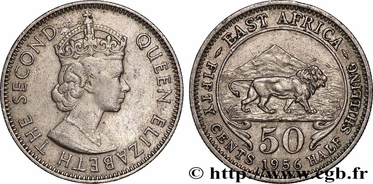 AFRIQUE DE L&nbsp;EST 50 Cents (1/2 Shilling) Elisabeth II 1956 Heaton TTB+ 