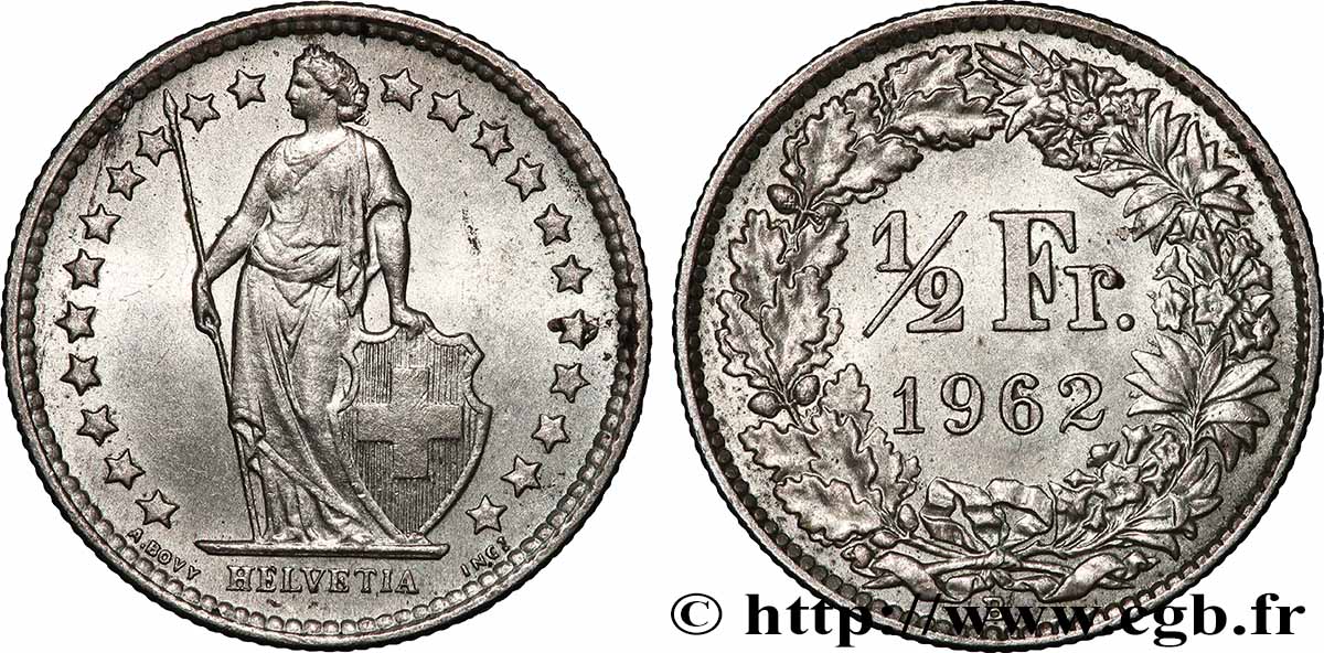 SWITZERLAND 1/2 Franc Helvetia 1962 Berne - B AU 