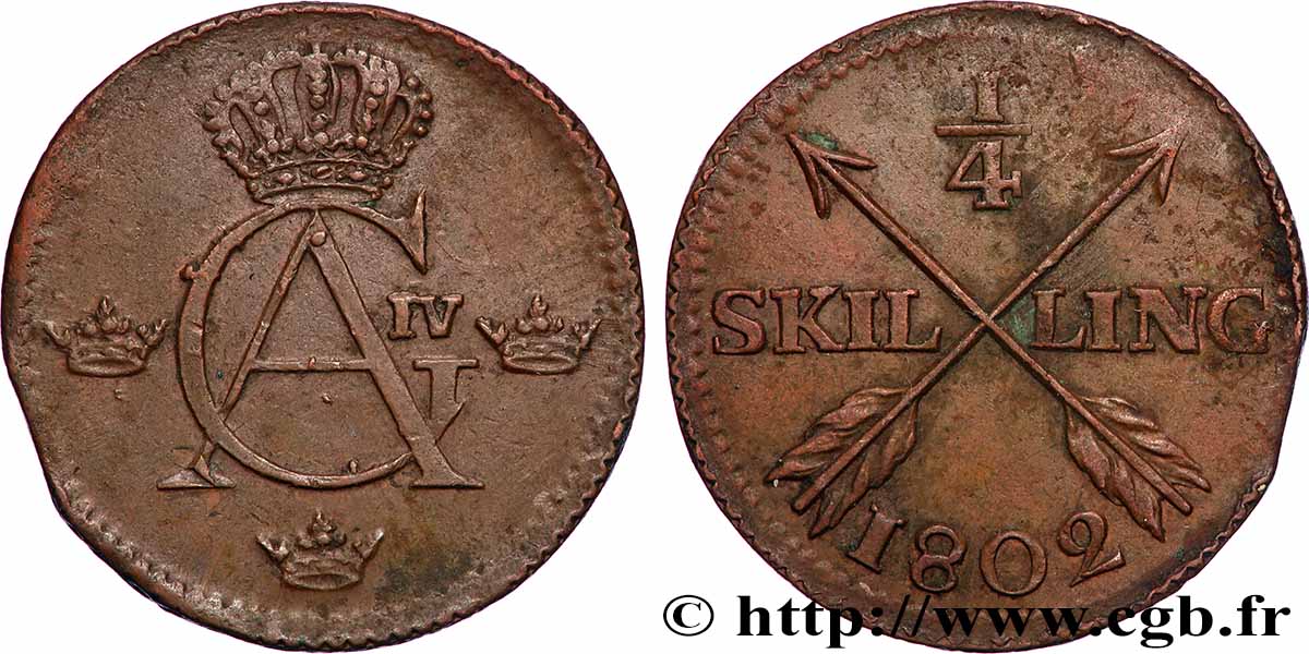 SVEZIA 1/4 Skilling monogramme du roi Gustave IV Adolphe 1802  BB 