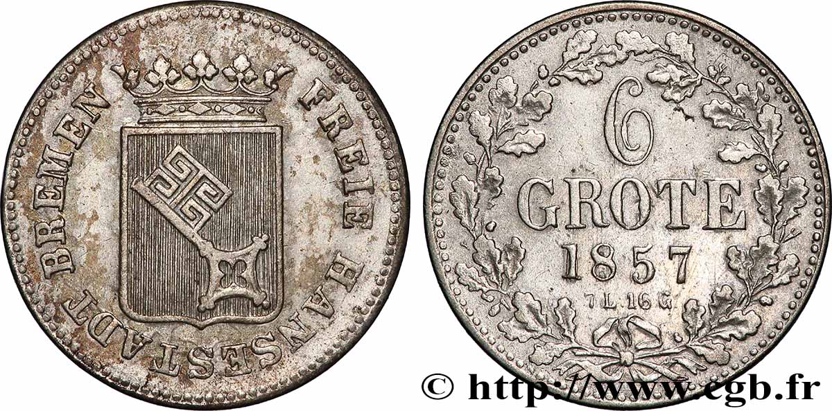 ALLEMAGNE - VILLE LIBRE HANSÉATIQUE DE BRÊME 6 Grote 1857  TTB+ 