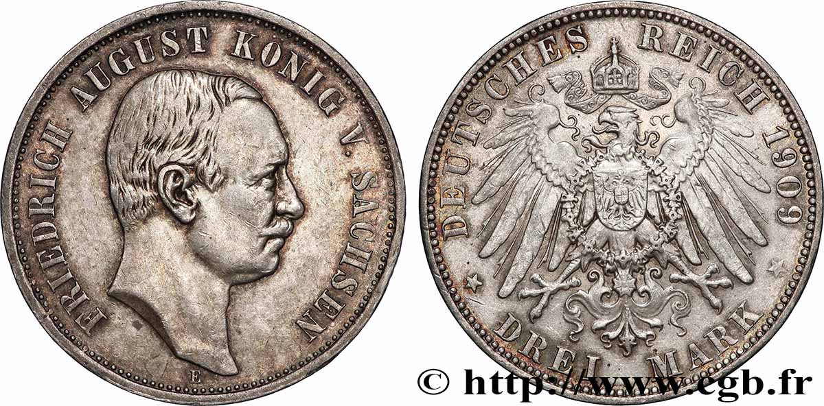 GERMANY - SAXONY 3 Mark Frédéric Auguste roi de Saxe 1909 Muldenhütten - E XF 