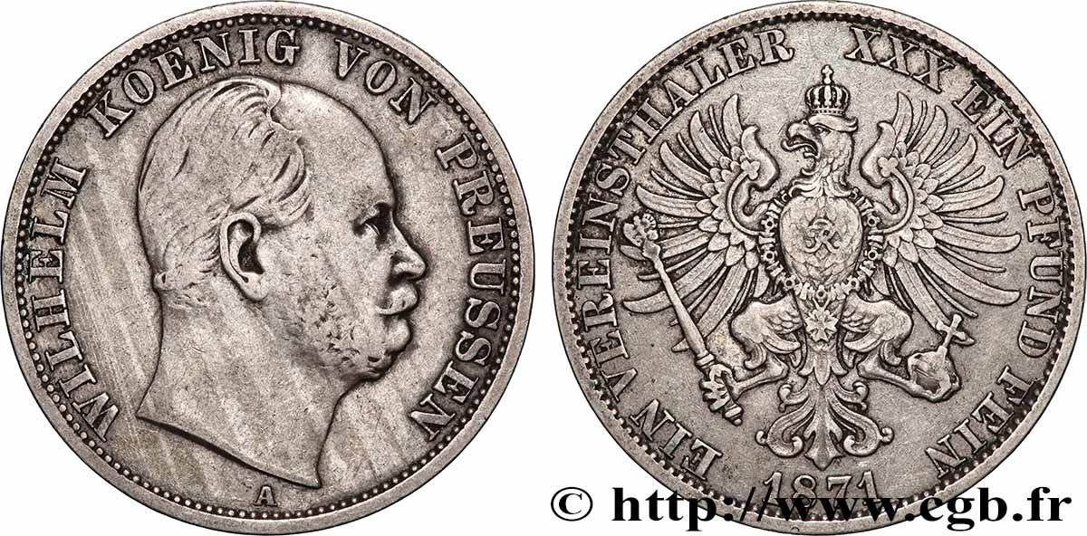 ALLEMAGNE - ROYAUME DE PRUSSE - GUILLAUME Ier 1 Thaler  1871 Berlin TTB 