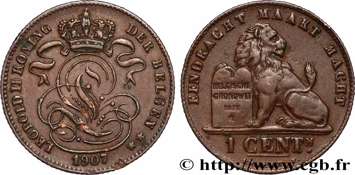 BELGIEN 1 Centiem (Centime) Léopold II légende en flamand 1907 Bruxelles VZ 