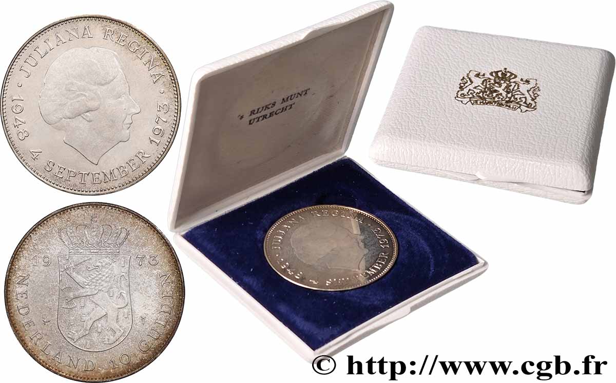 NETHERLANDS 10 Gulden Proof 25e anniversaire de règne, reine Juliana 1973 Utrecht MS 