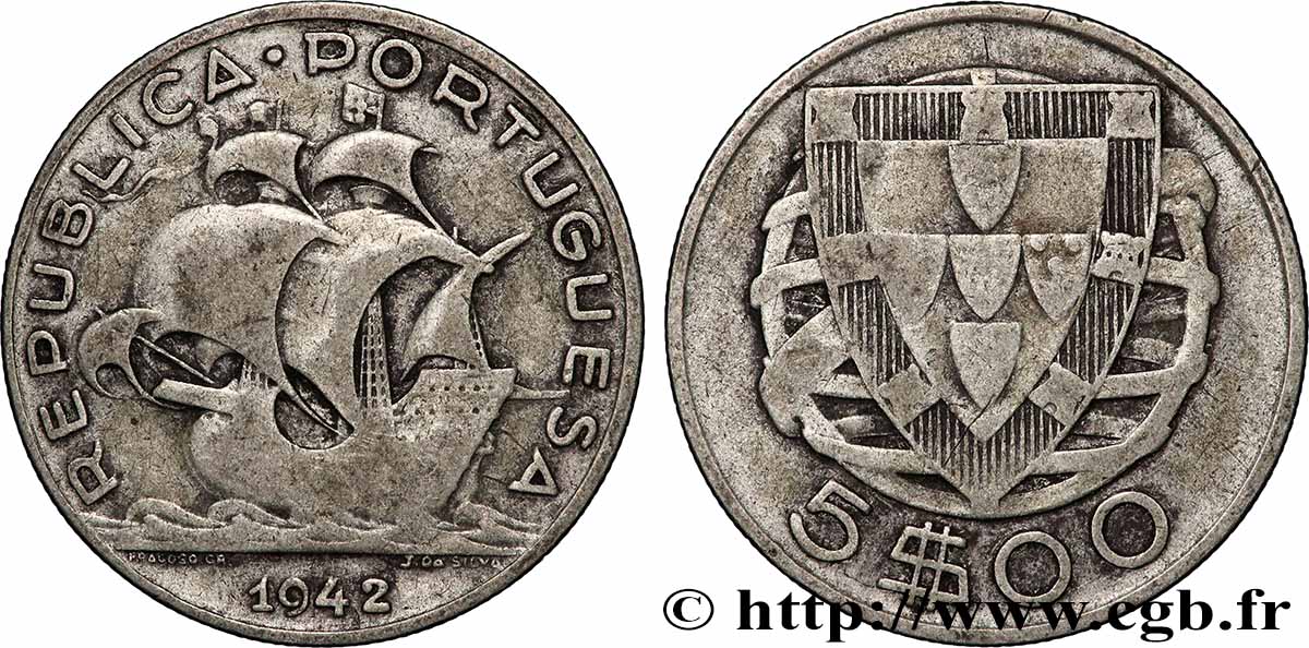 PORTUGAL 5 Escudos 1942 Lisbonne TB 