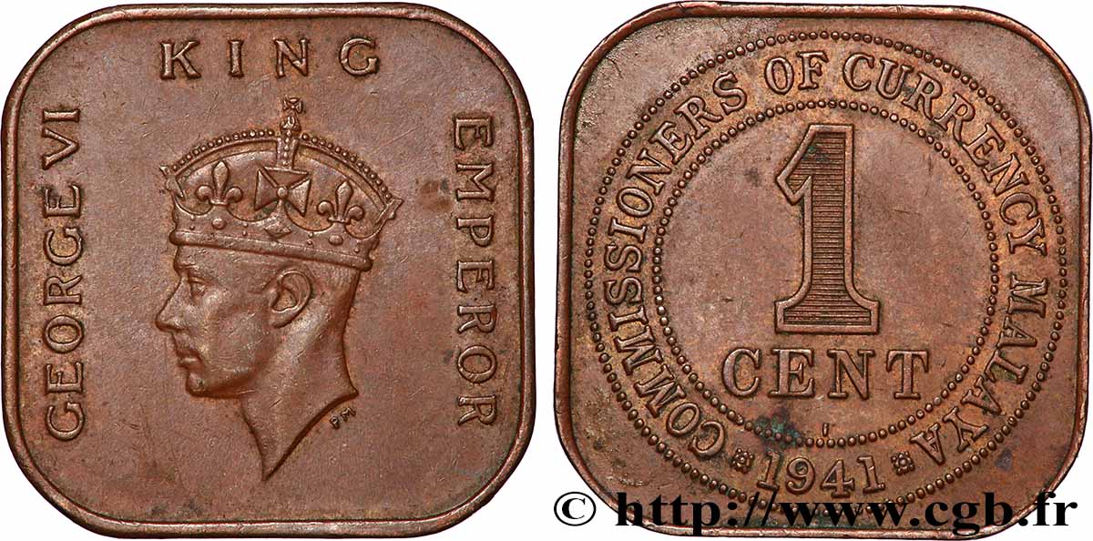 MALAISIE 1 Cent Commission Monétaire de Malaisie Georges VI 1941 Calcutta TTB 