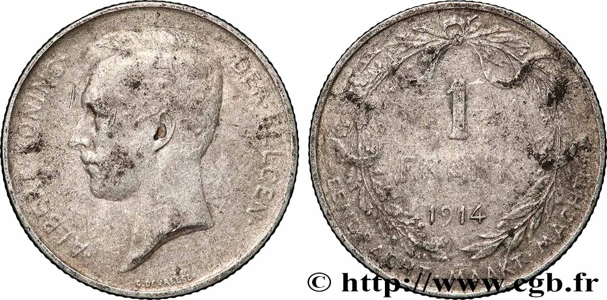 BELGIUM 1 Franc Albert Ier légende française 1914 Bruxelles VF 