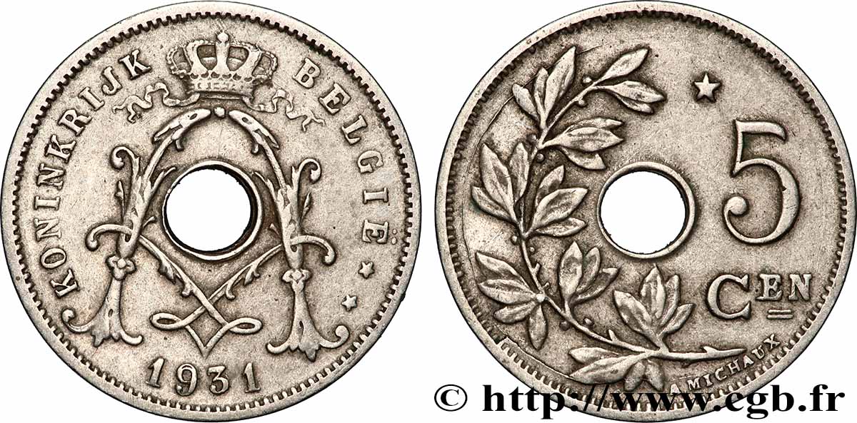 BELGIQUE 5 Centiemen (Centimes) Albert Ier légende flamande 1931 Bruxelles TTB 
