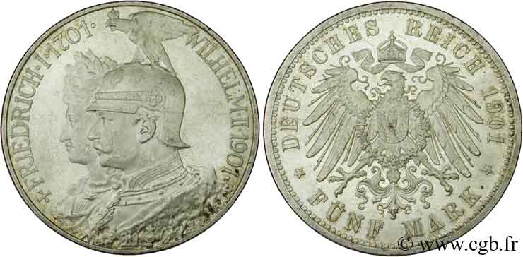 GERMANIA - PRUSSIA 5 Mark Guillaume II 200e anniversaire de la Prusse 1901 Berlin MS 