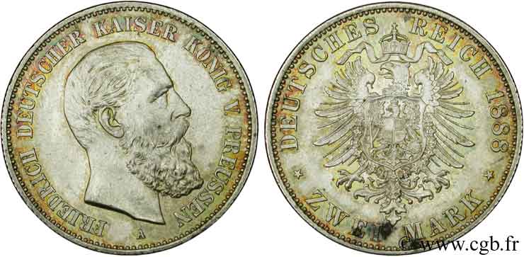 GERMANIA - PRUSSIA 2 Mark Royaume de Prusse Frédéric III / aigle 1888 Berlin MS 